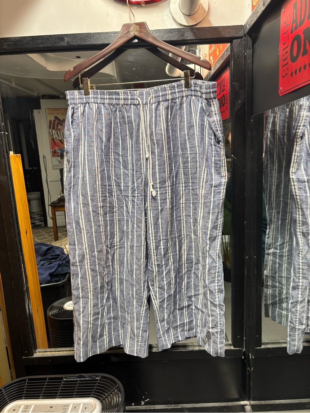 Blue and White Striped loose linen Capris and navy loose light short pants.